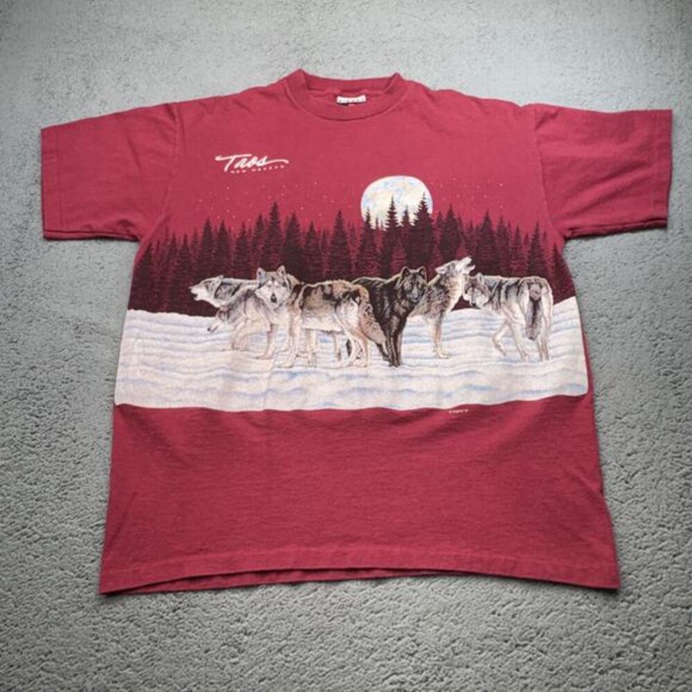 Vintage 90s Wolf Shirt Mens Large Red Signal Sports Habitat Art Moon Nature Crew